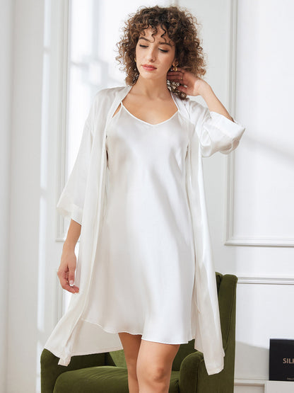 Pure Silk Classic Spaghetti Strap Slip Nightgown&Robe Set 2Pcs