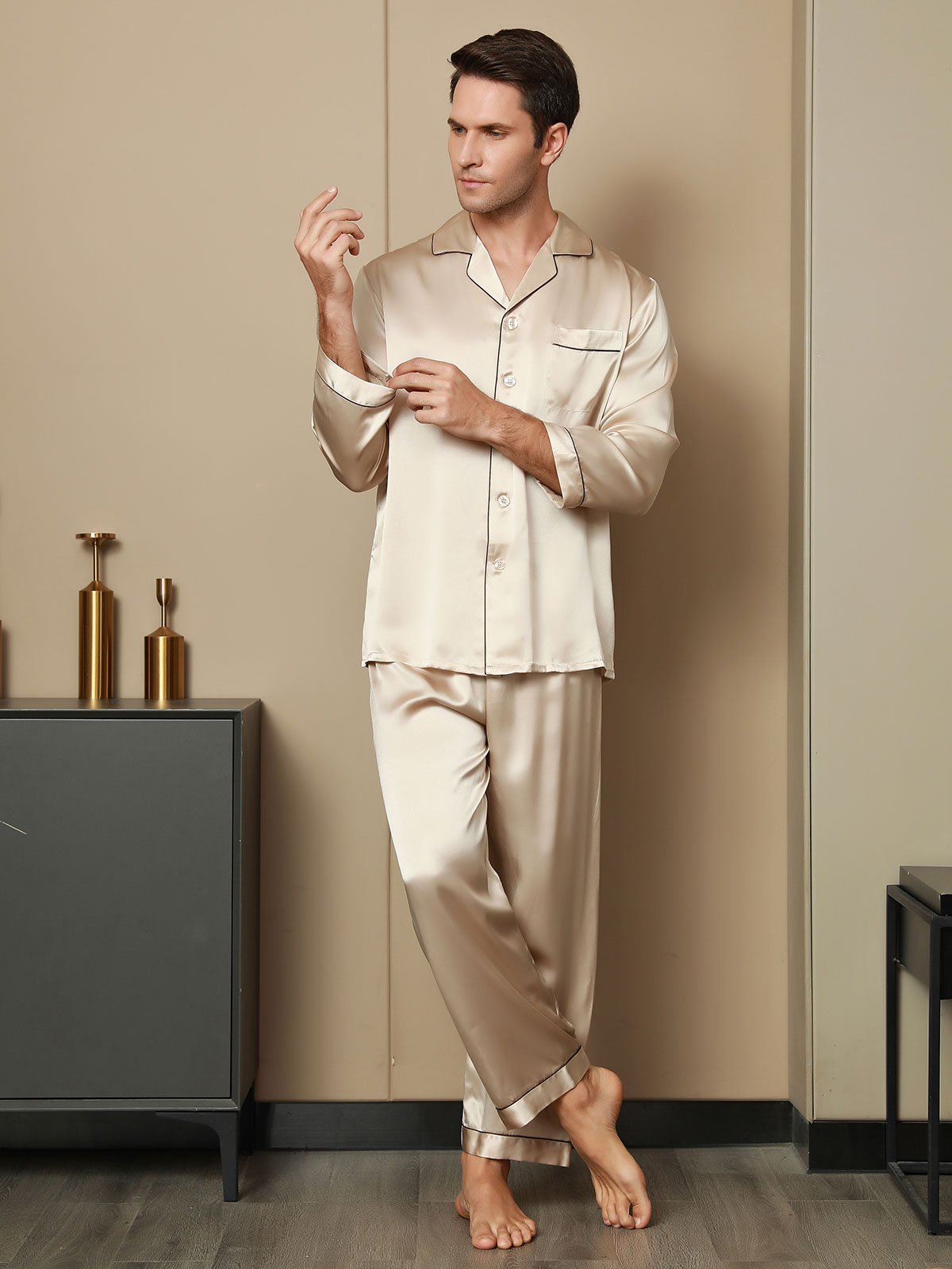 Pure Silk Men‘s Lapel Pajama Set 2Pcs