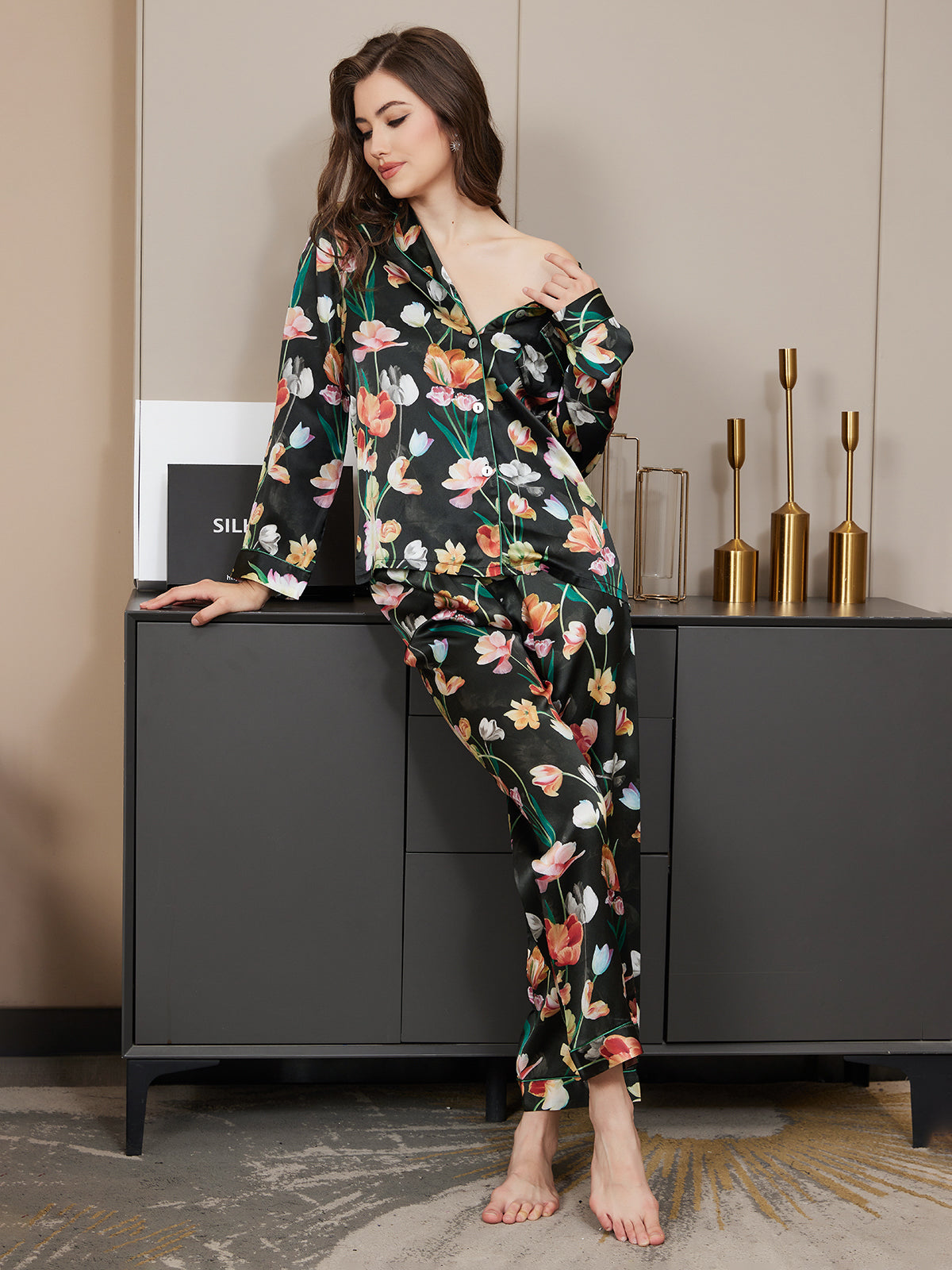 Pure Silk Floral Pattern Womens Pajama Set