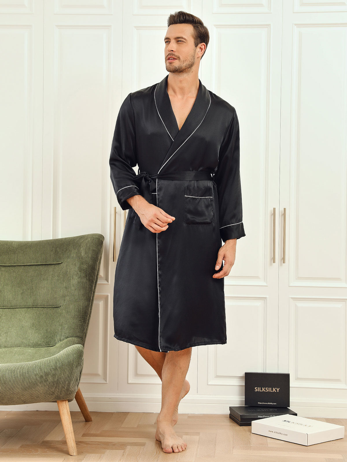 Pure Silk Piping Trim Belted Mens Robe