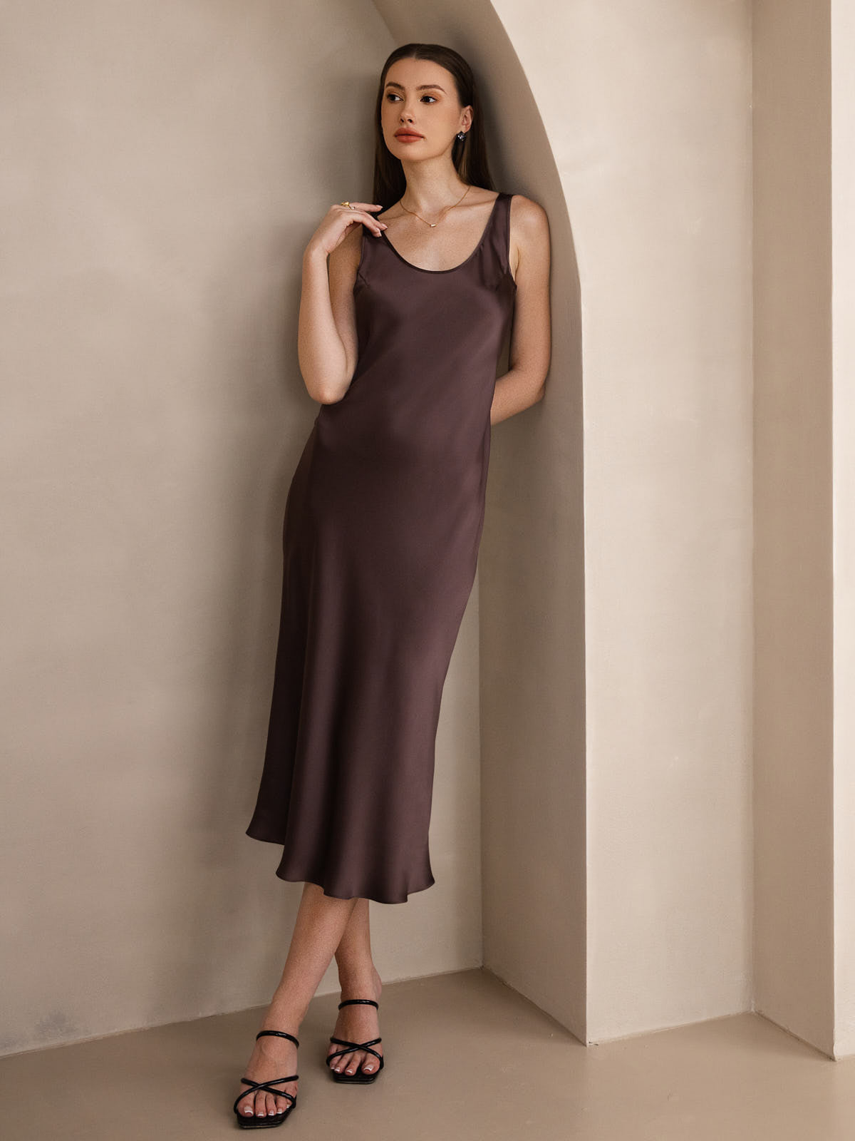 Pure Silk Solid Color Wide Strap Sleeveless Long Dress