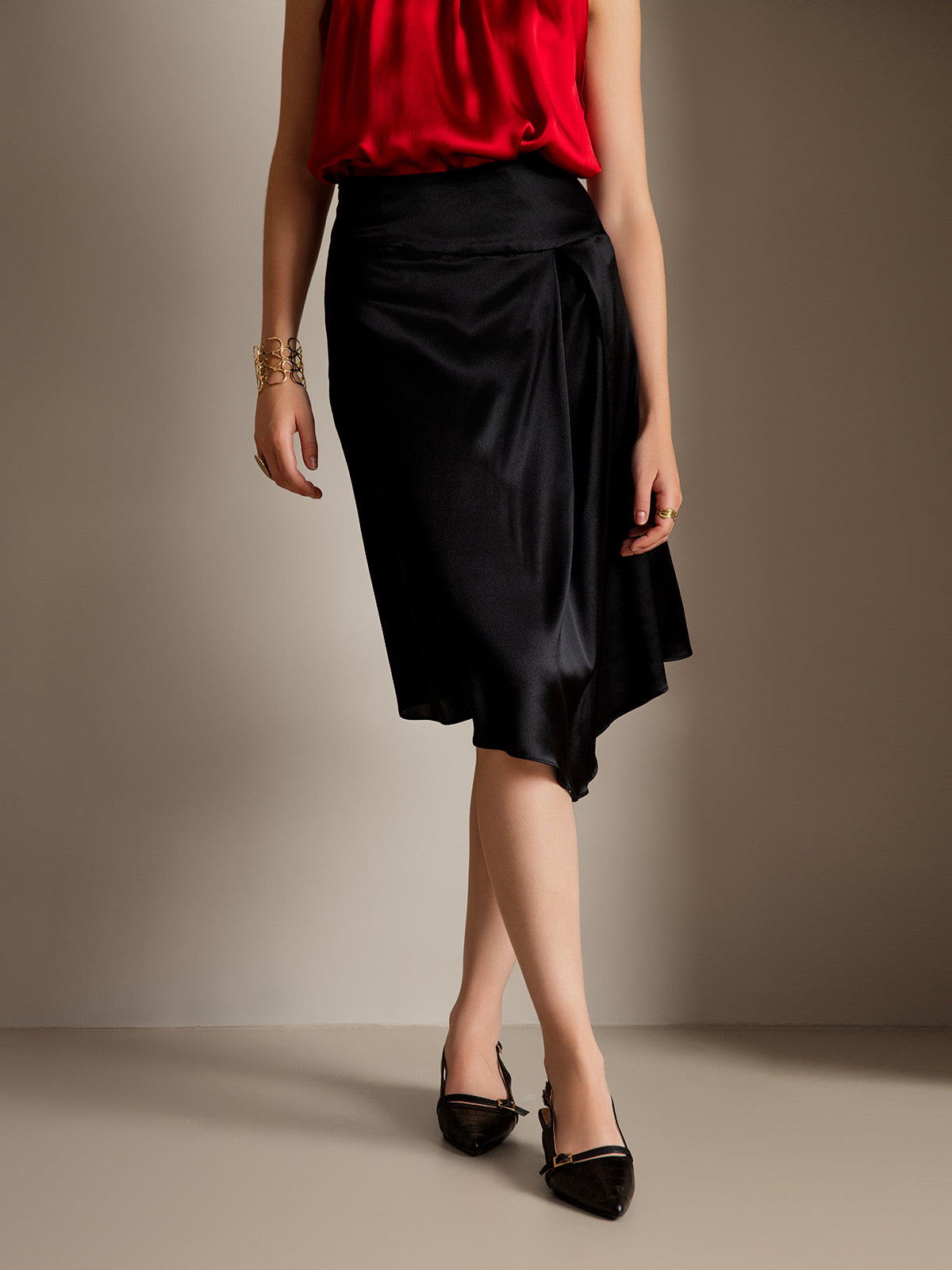 19Momme Silk Fashionable Asymmetrical Hem Midi Skirt