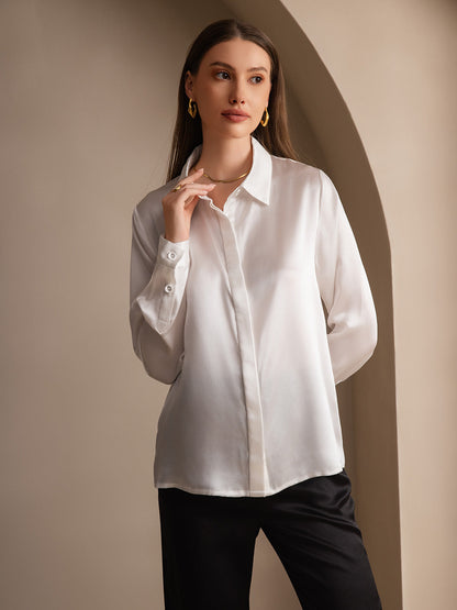 19 Momme Silk Solid Color Basic Long-Sleeved Shirt