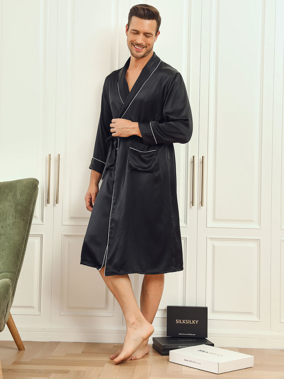 Pure Silk Lapel Collar Belted Robe (Without Pants)