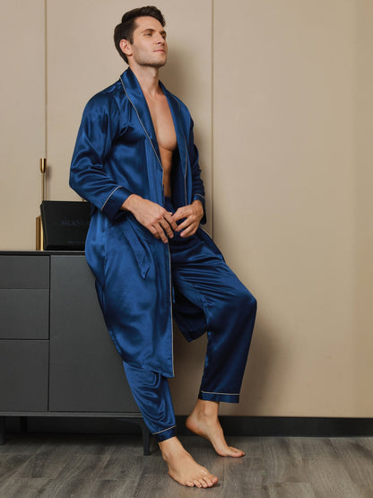 2Pcs Pure Silk Lapel Collar Belted Robe & Pants Set