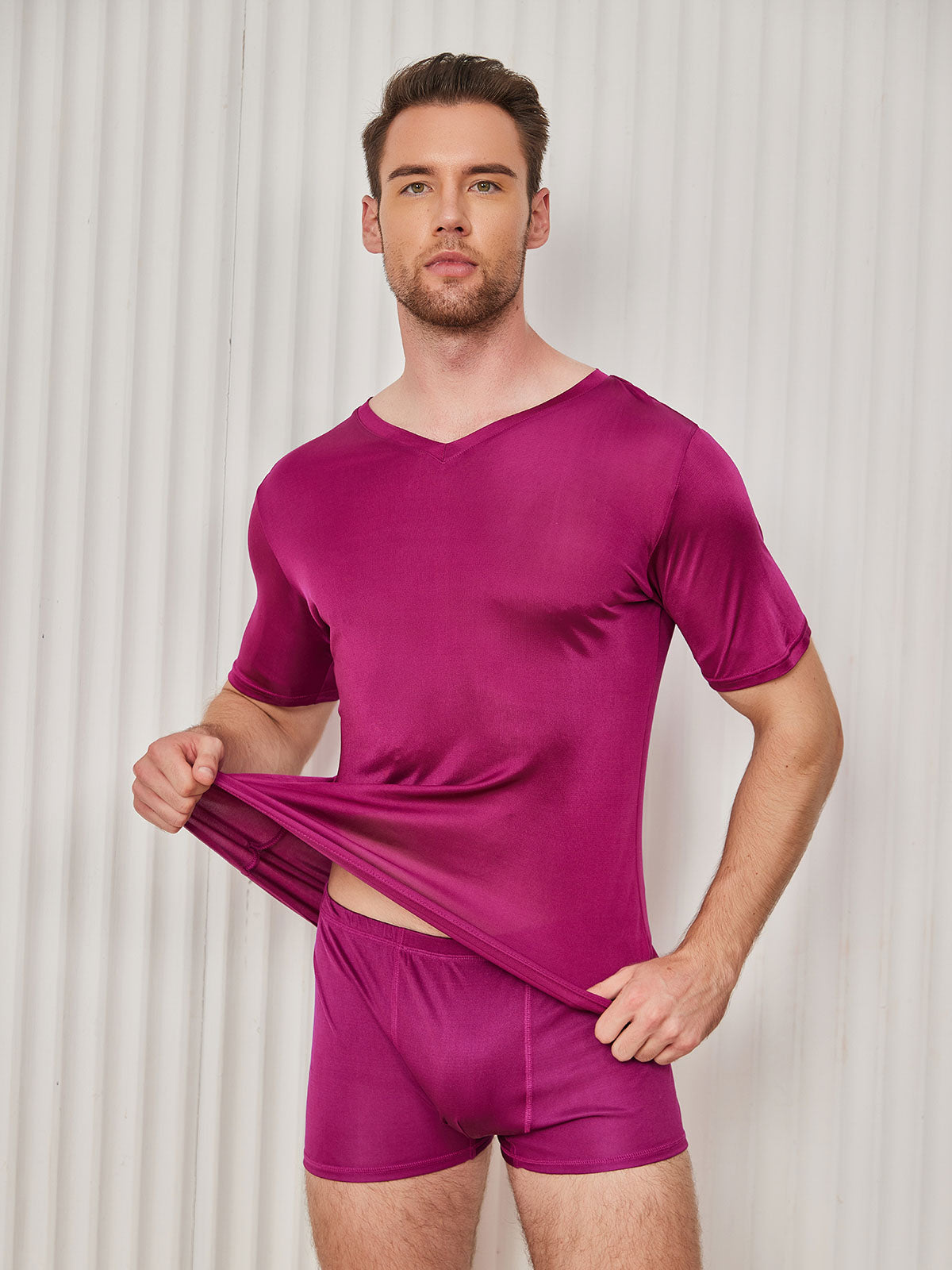 Mens Basic V-Neck Silk Knitted Tee