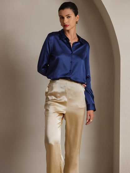 19Momme Silk Solid Color Basic Military Lapel Shirt