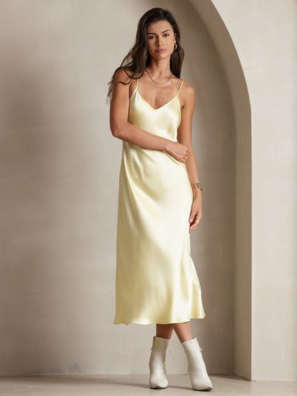 Pure Silk Solid Color Spaghetti Strap Long Dress