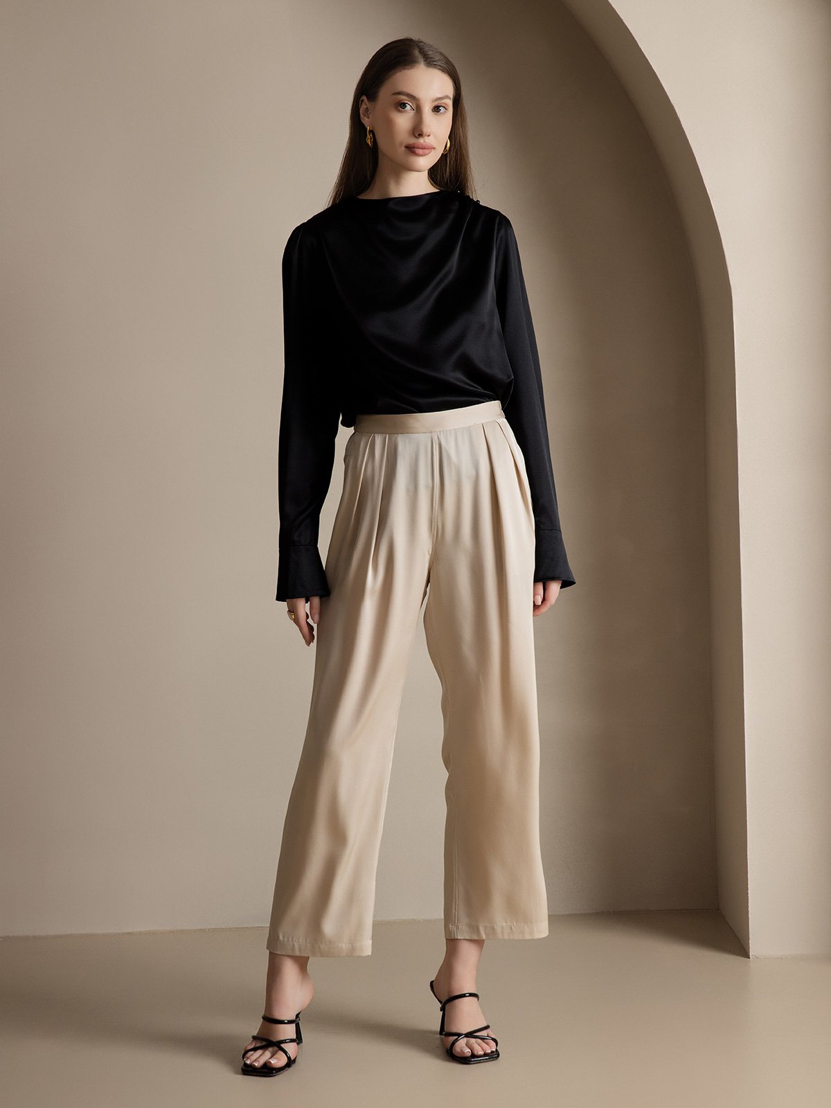 22Momme Timeless Pleated Wide-Leg Silk Long Pants