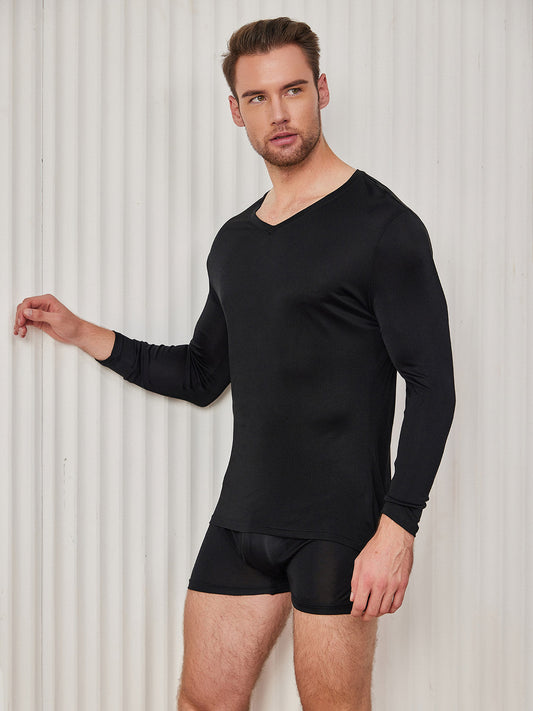 Mens V-Neck Long Sleeve Silk Knitted Tee