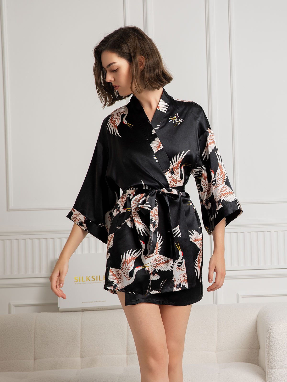 Women's Silk Crane Print Short Robe