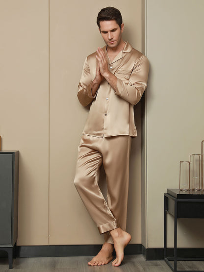 Pure Silk Men's Lapel Pajama Set 2Pcs