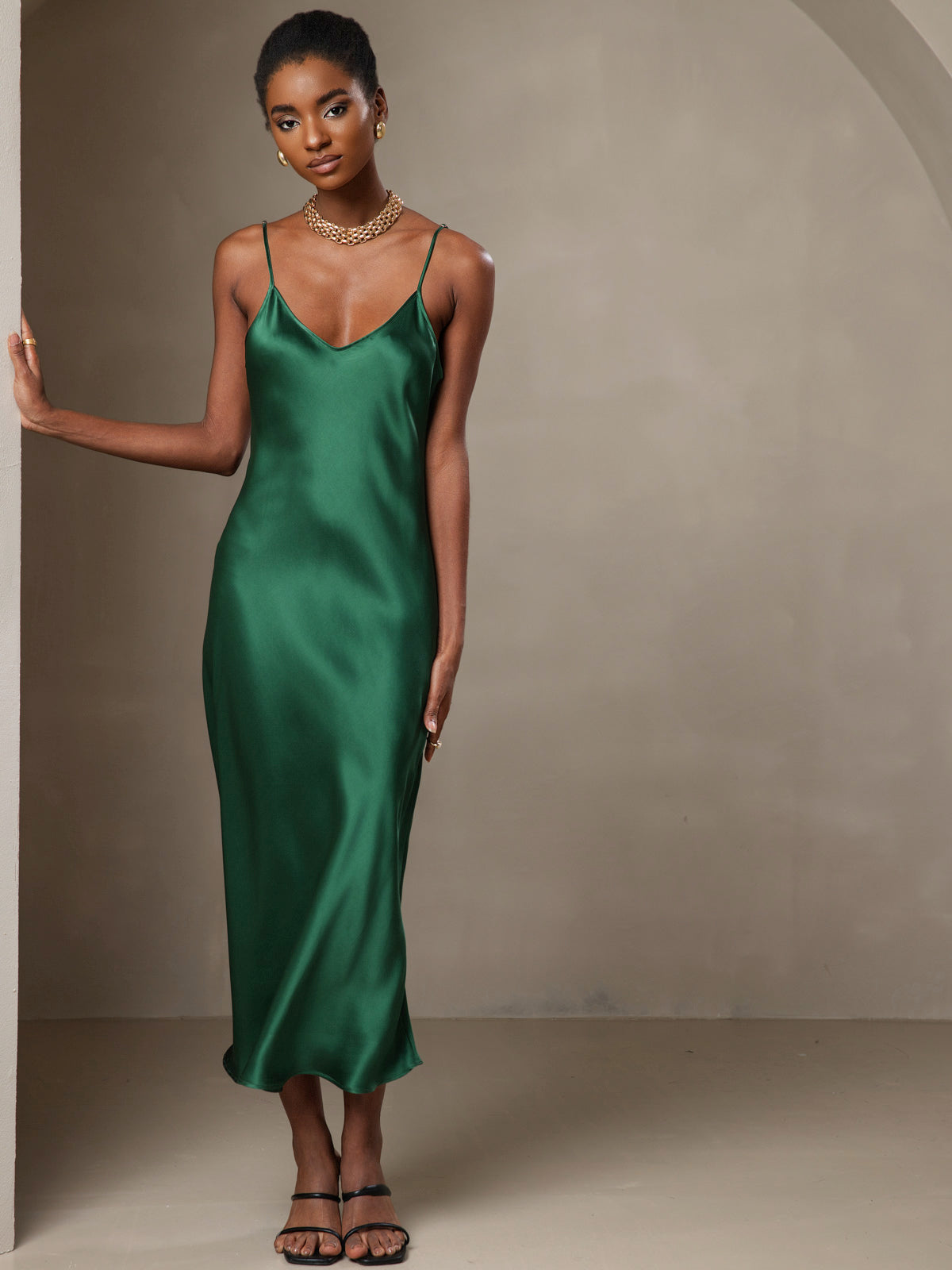 Pure Silk Solid Color Spaghetti Strap Long Dress