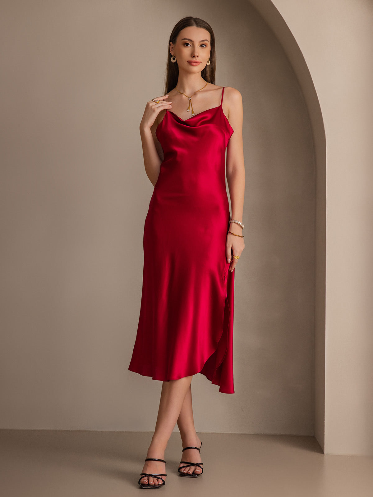 Pure Silk Spaghetti Strap Slit Long Dress