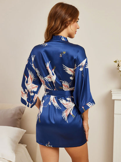 Women's 100% Mulberry Silk Crane Print Short Robe