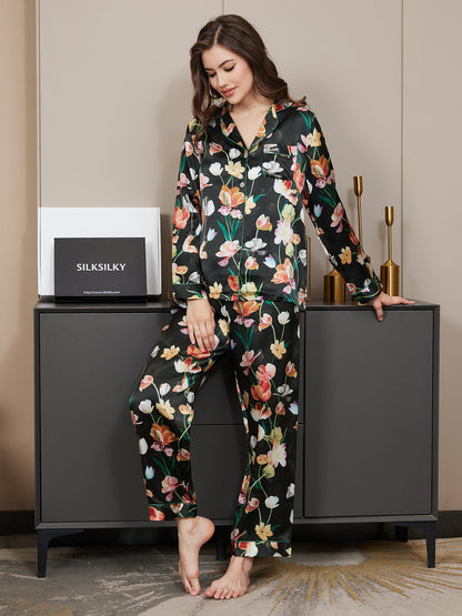 Pure Silk Floral Pattern Womens Pajama Set