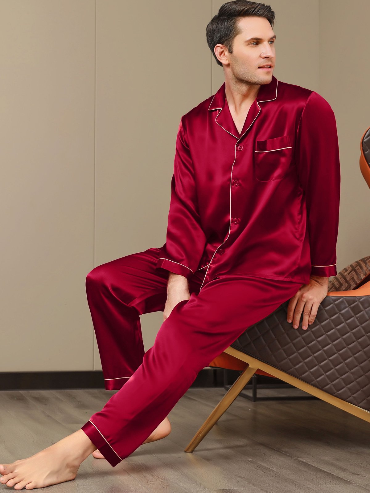 Pure Silk Men‘s Lapel Pajama Set 2Pcs