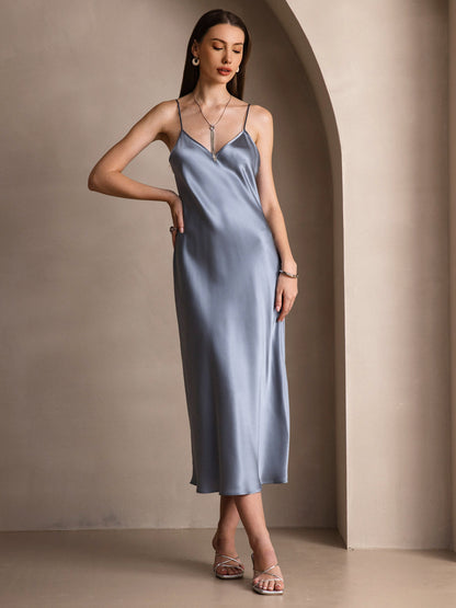 Pure Silk Solid Color Spaghetti Strap Long Dress