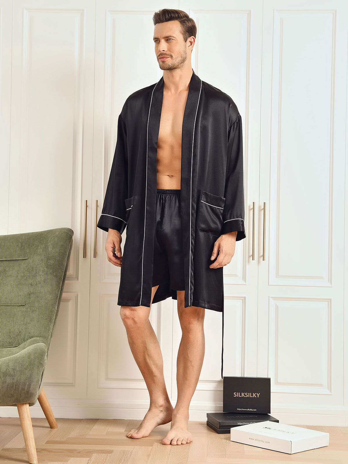 Pure Silk Belted Mens Robe + Shorts 2Pcs