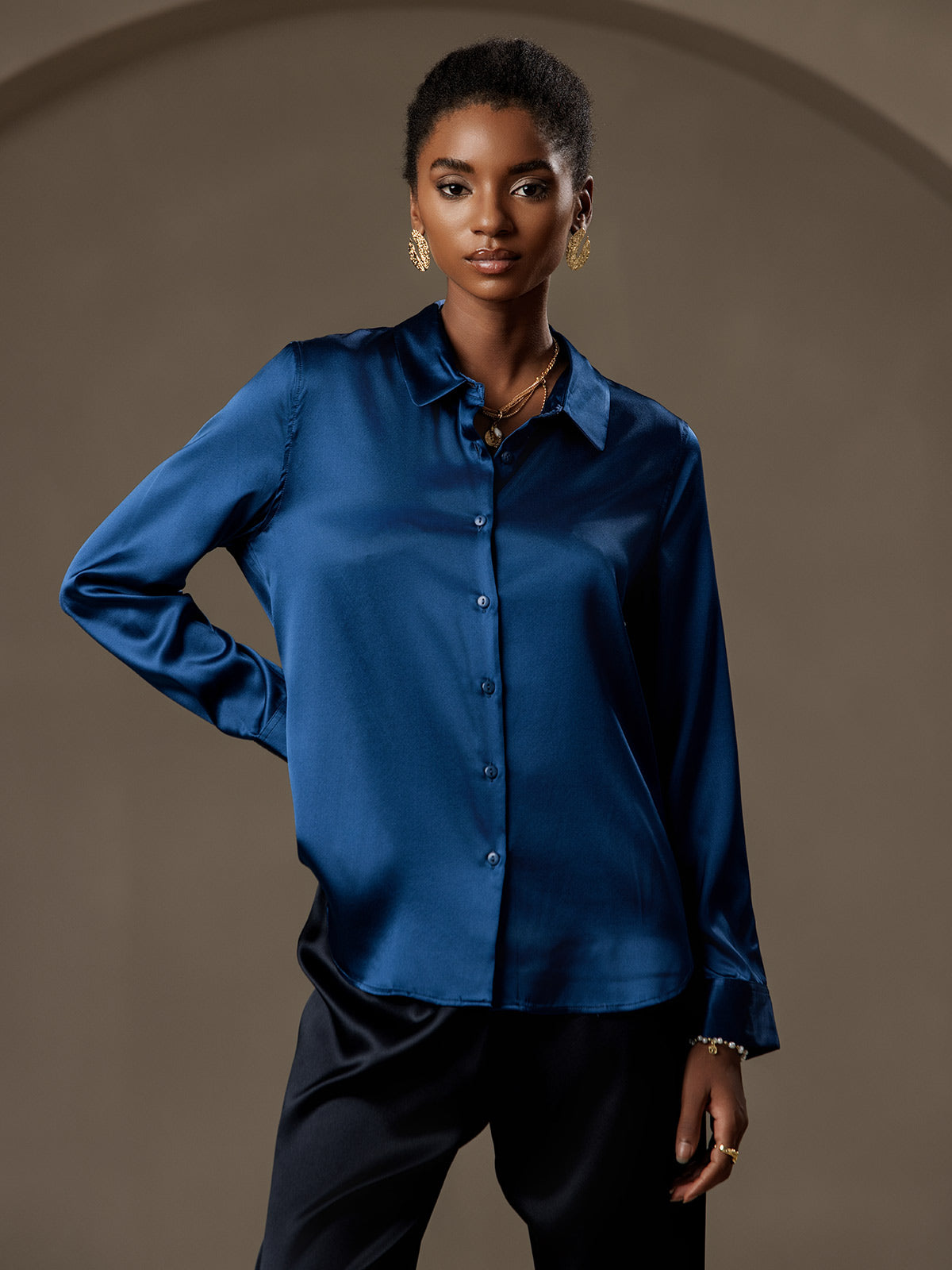 19Momme Silk Solid Color Basic Military Lapel Shirt