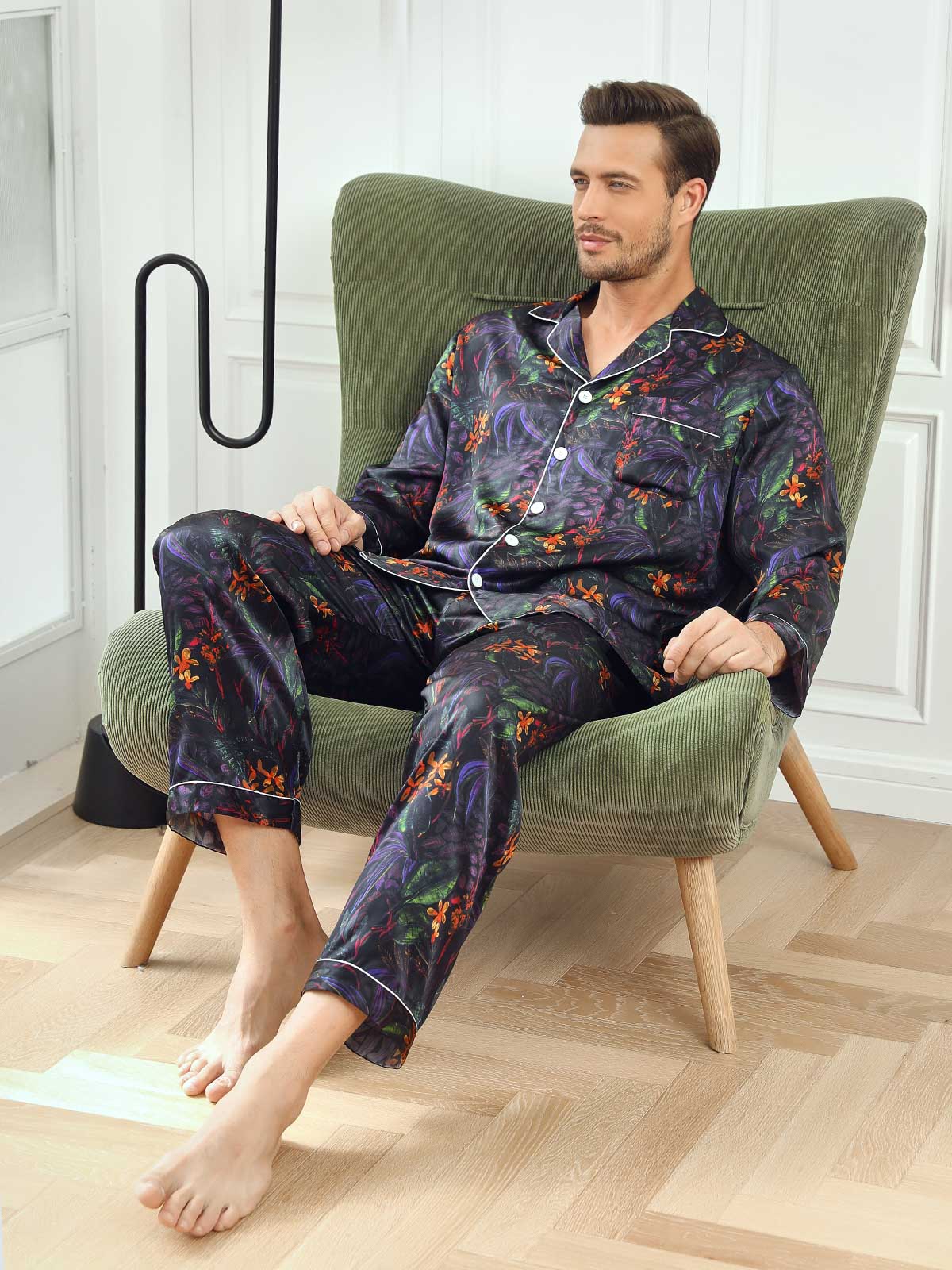 Pure Silk Floral Printed Lapel Men‘s Pajamas