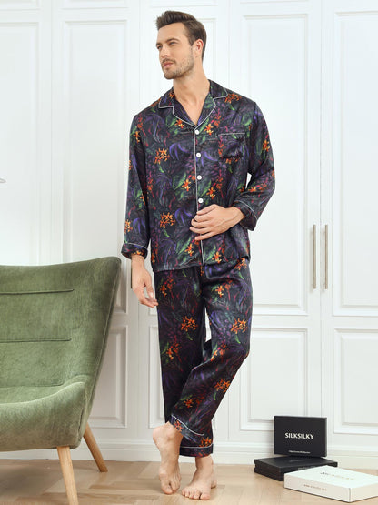 Pure Silk Floral Printed Lapel Men‘s Pajamas