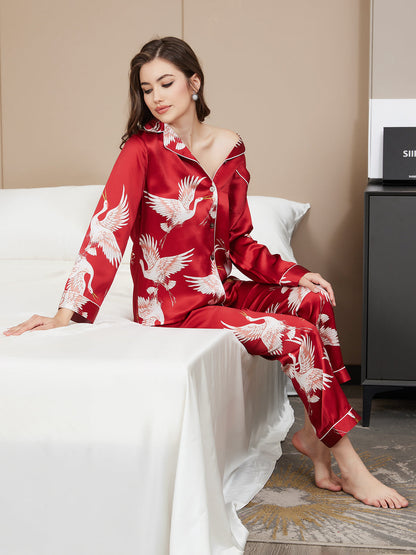 19Momme Pure Silk Printed Classic Binding Trim Womens Pajama set