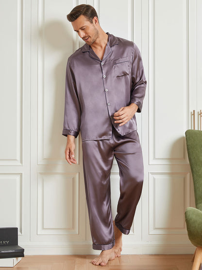 Silk Men's Lapel Long Sleeve Pajamas Set