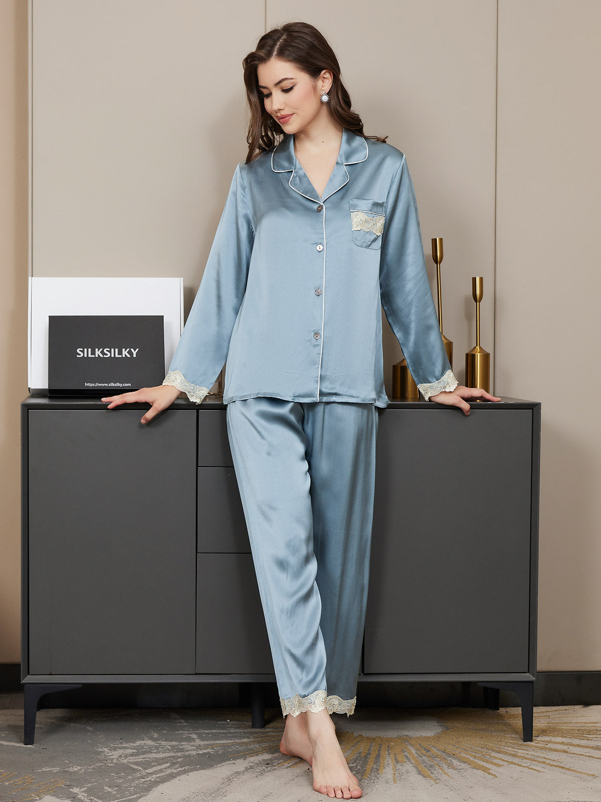 Pure Silk Casual Button Up Womens Pajamas 2Pcs