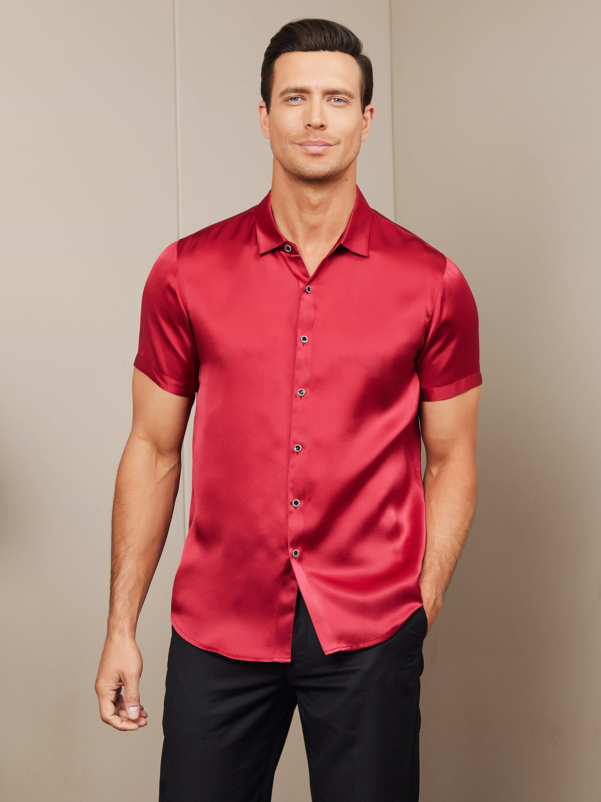 19Momme Mens Classic Short Sleeve Silk Shirt