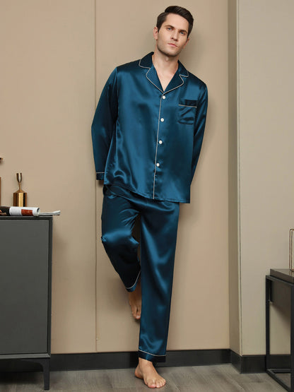 Luxurious Silk Men's Lapel Pajamas 2Pcs