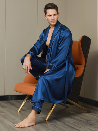 2Pcs Pure Silk Lapel Collar Belted Robe & Pants Set