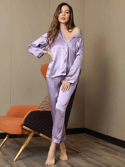 Pure Silk Binding Trim Classic Pajamas Set 2Pcs