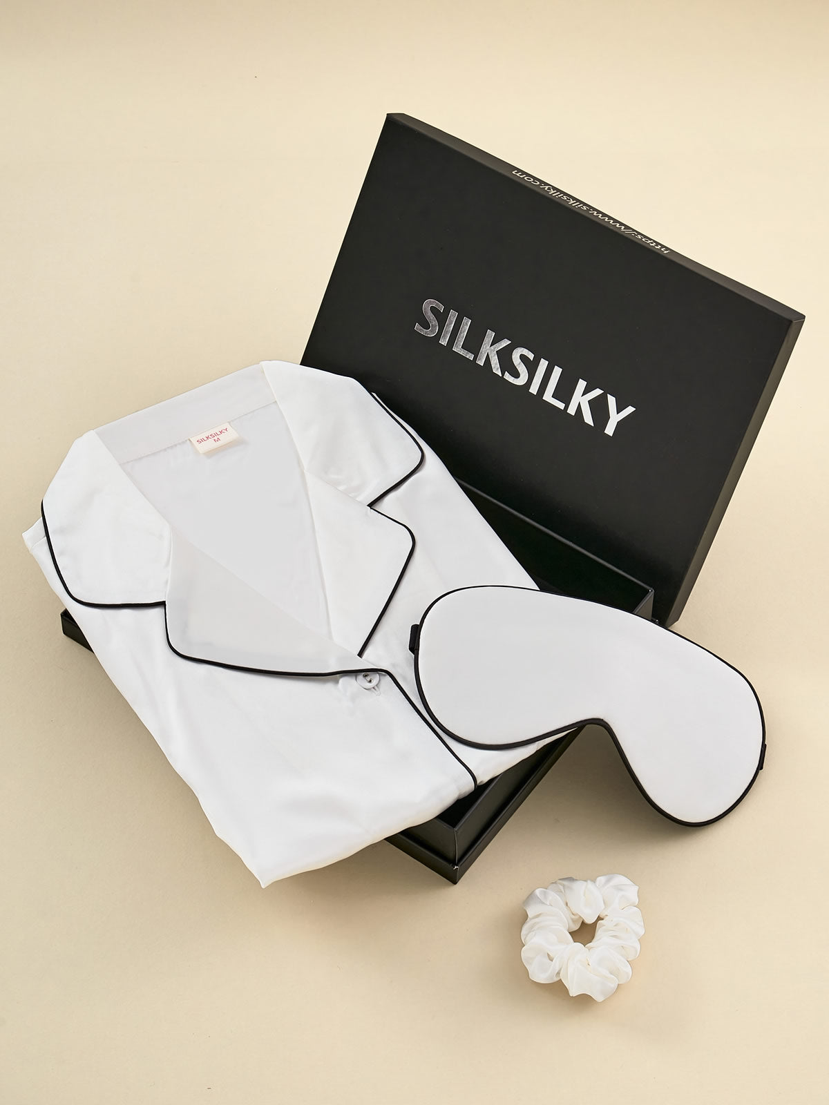 Gift Set - Silk Short Sleeve Pajama Set & Eye Mask & Scrunchie