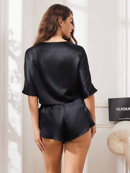 Pure Silk Sexy Half Sleeve Lace Up Wrap Women's Shorts Pajamas