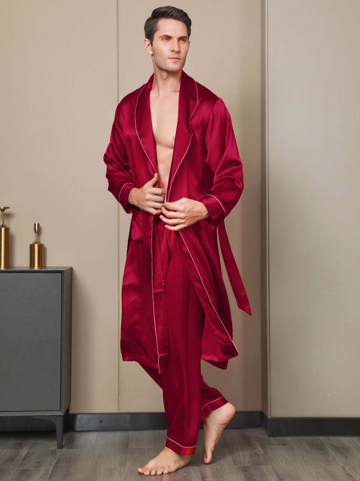 2Pcs Pure Silk Lapel Collar Belted Robe & Pants Set