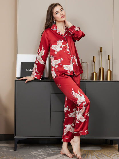 19Momme Pure Silk Printed Classic Binding Trim Womens Pajama set