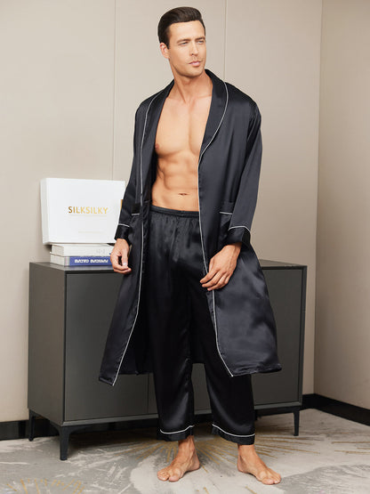 2Pcs Pure Silk Lapel Collar Belted Robe & Pants Set