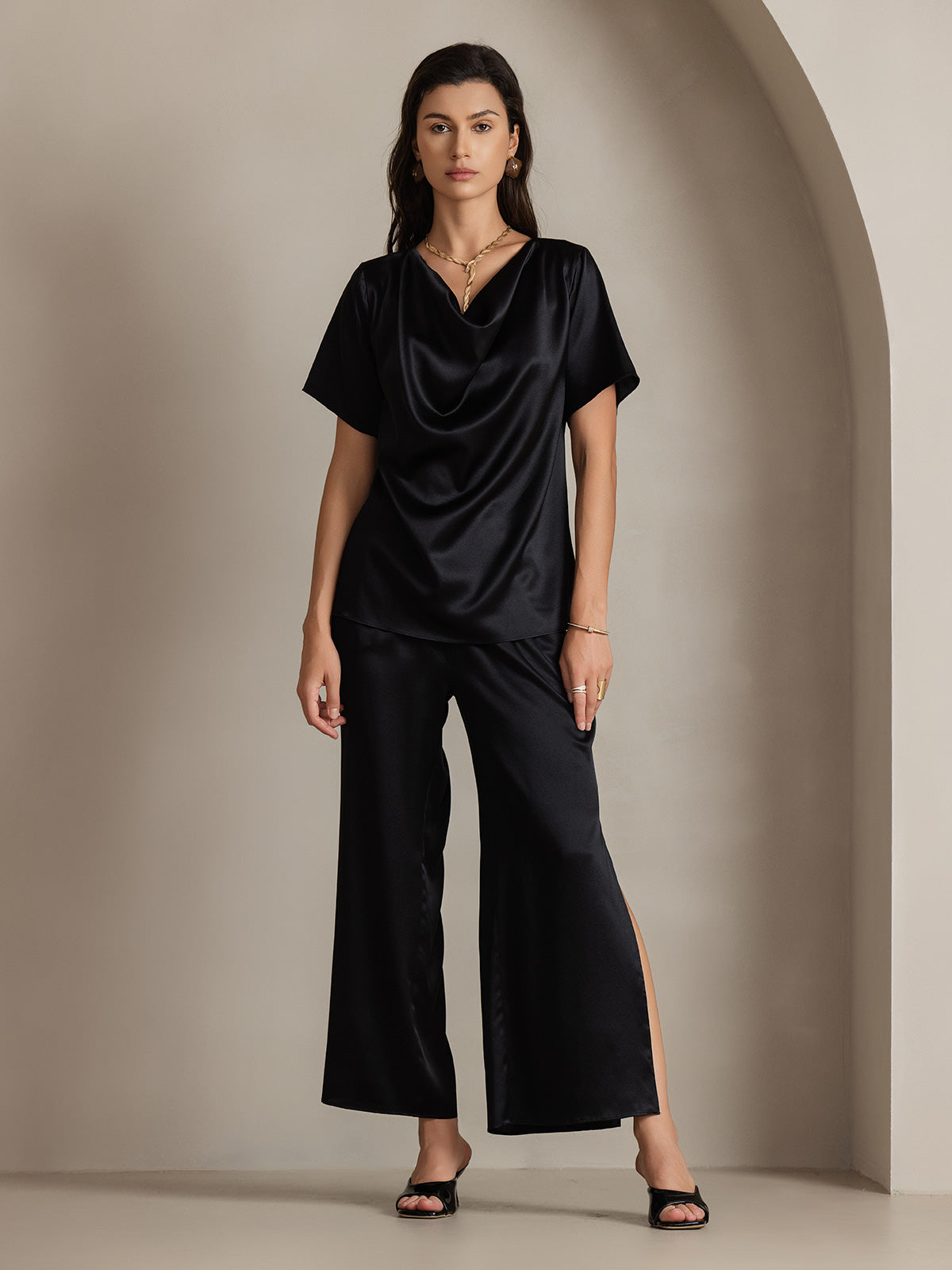 19Momme Fashionable Sexy Silk Side Slit Pants