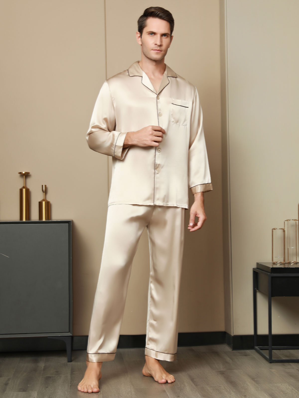 Pure Silk Men‘s Lapel Pajama Set 2Pcs