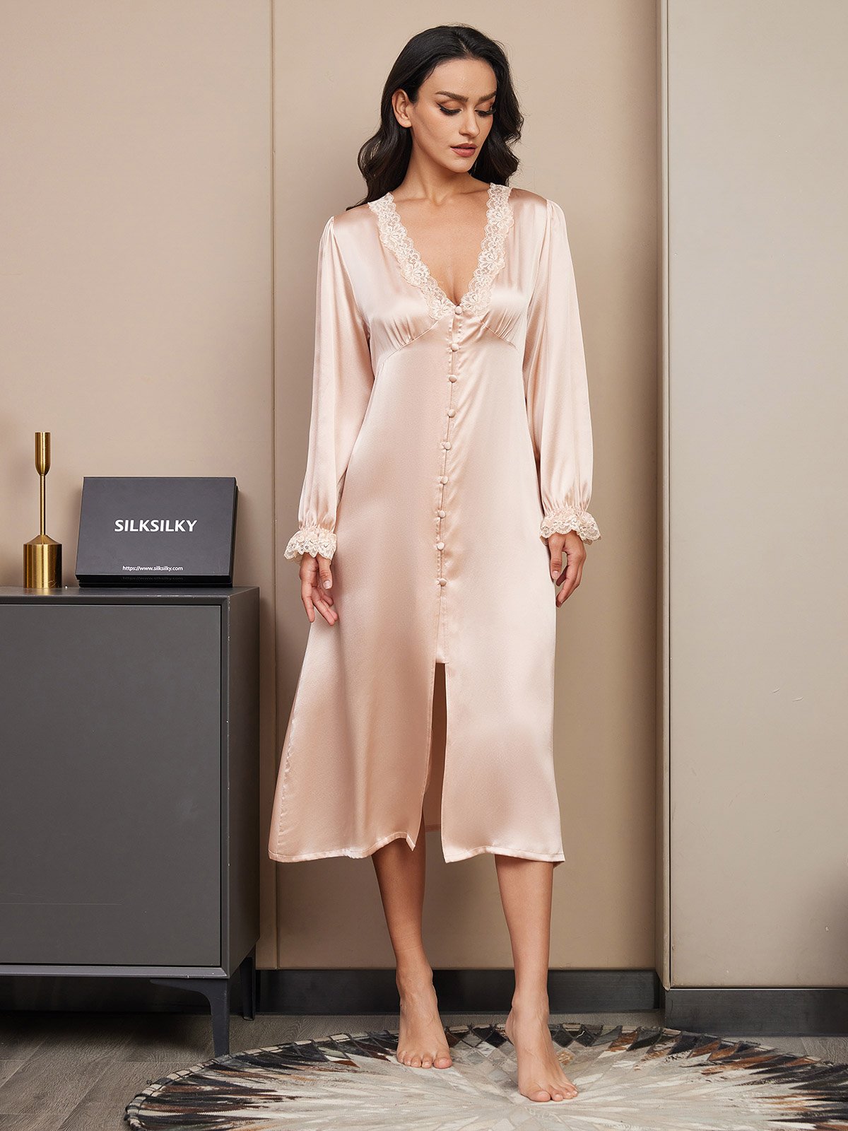 Pure Silk Long Sleeve Lace Nightgown