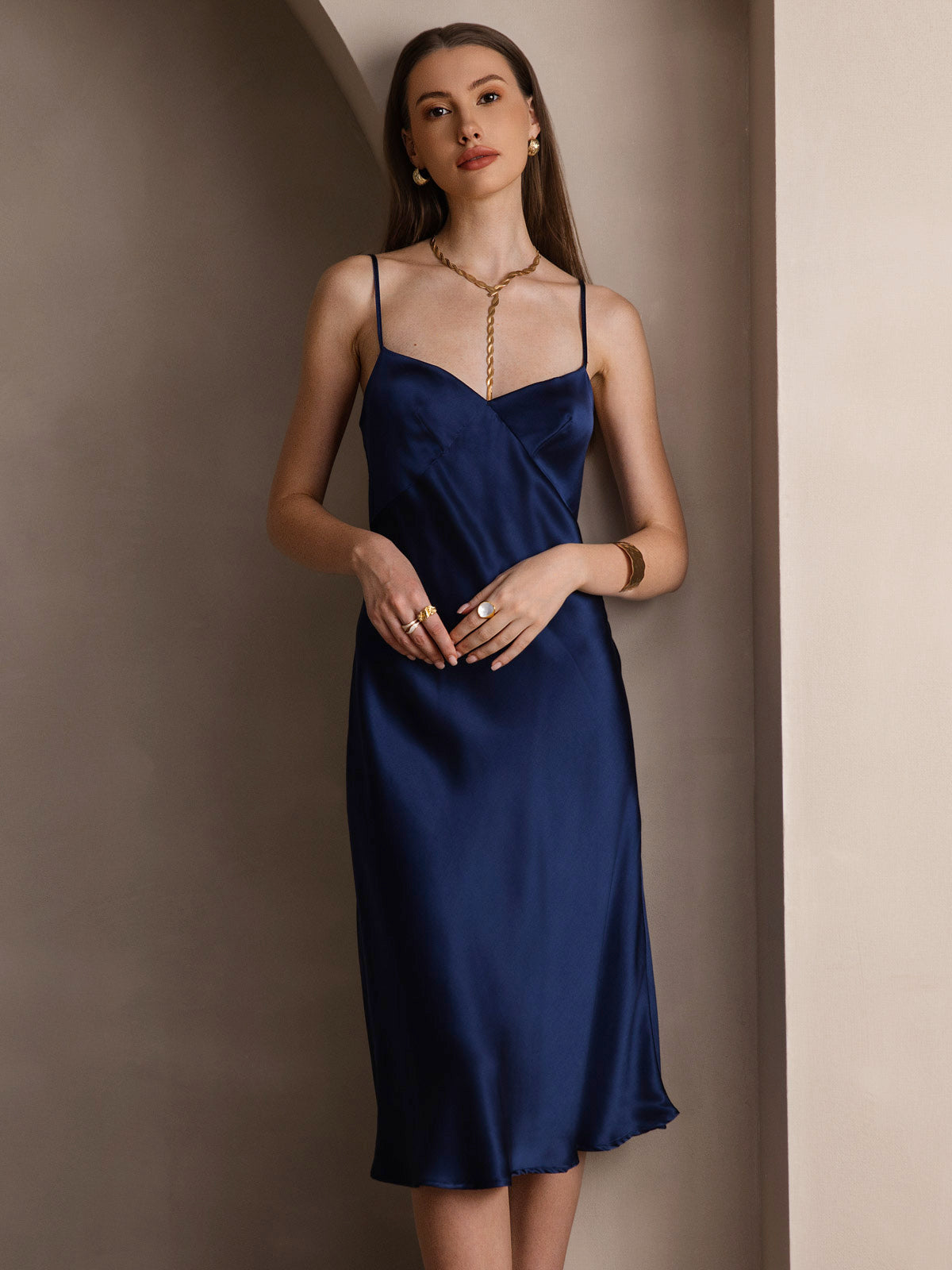 Silk Solid Color V-Neck Long Slip Dress