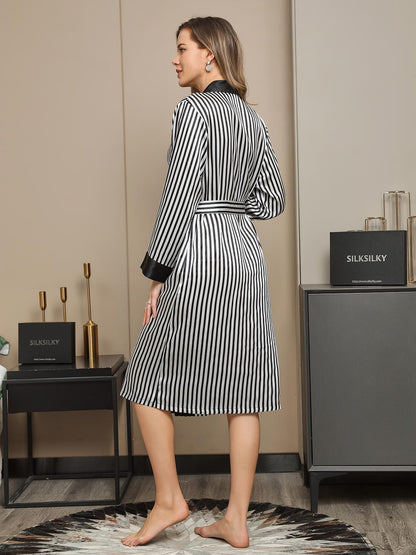 Clearance(US Warehouse) -  Pure Silk Stripe Pattern Belted Long Robe