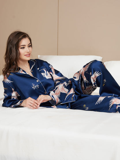 19Momme Pure Silk Printed Classic Binding Trim Womens Pajama set