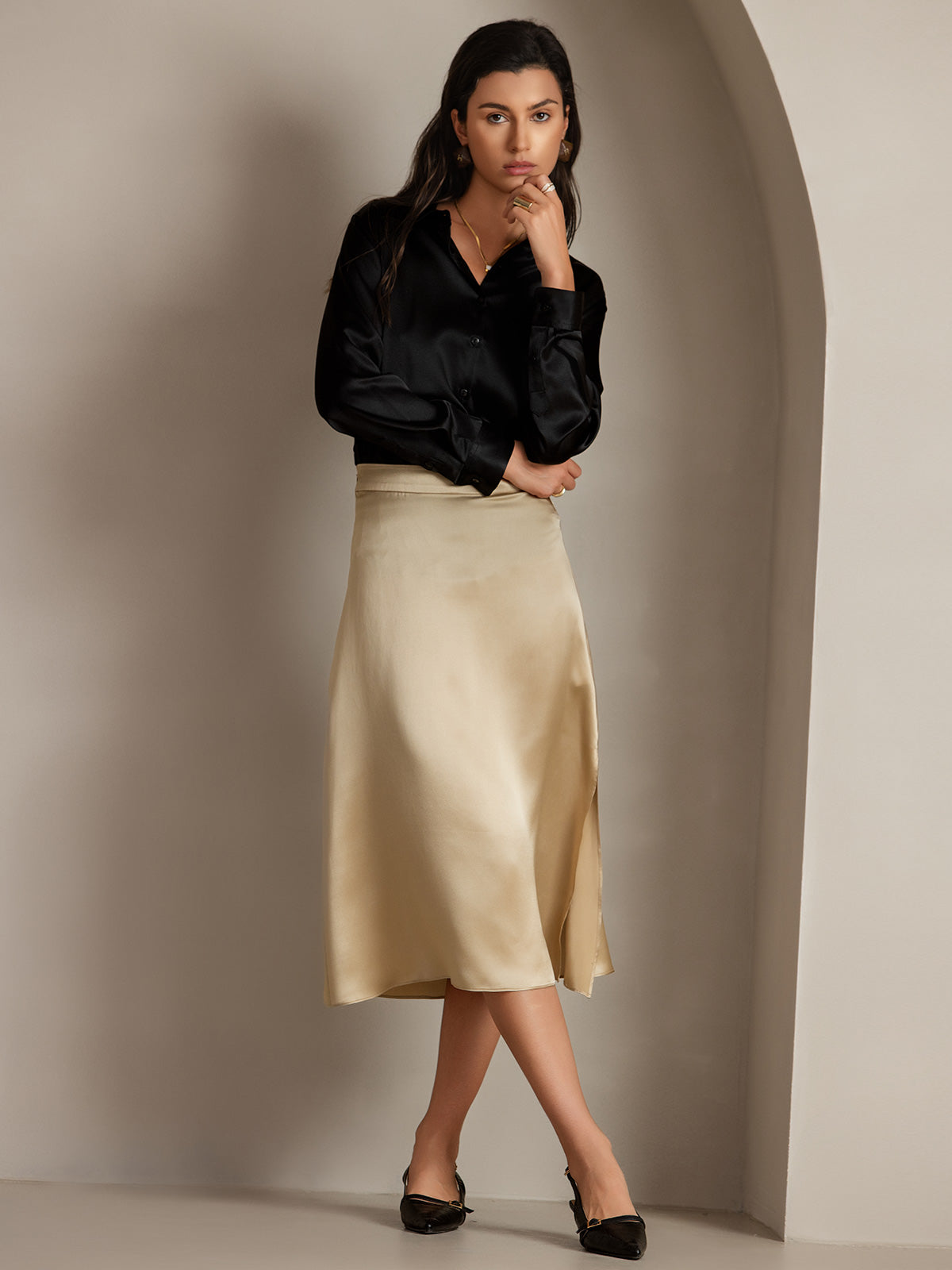 19Momme Silk Solid Color Elegant Split Hem Skirt