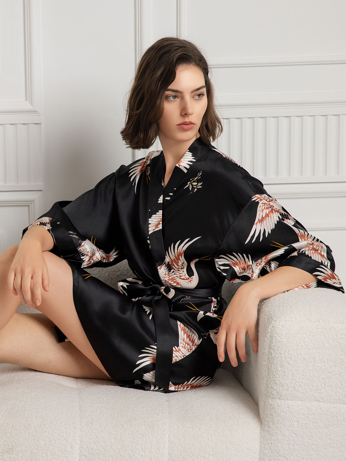 Women's Silk Crane Print Short Robe