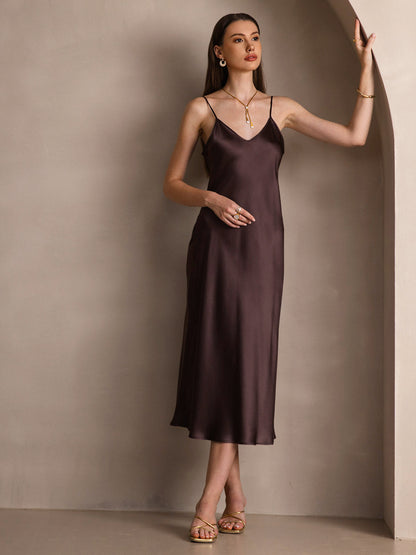 Pure Silk Solid Color Spaghetti Strap Long Dress