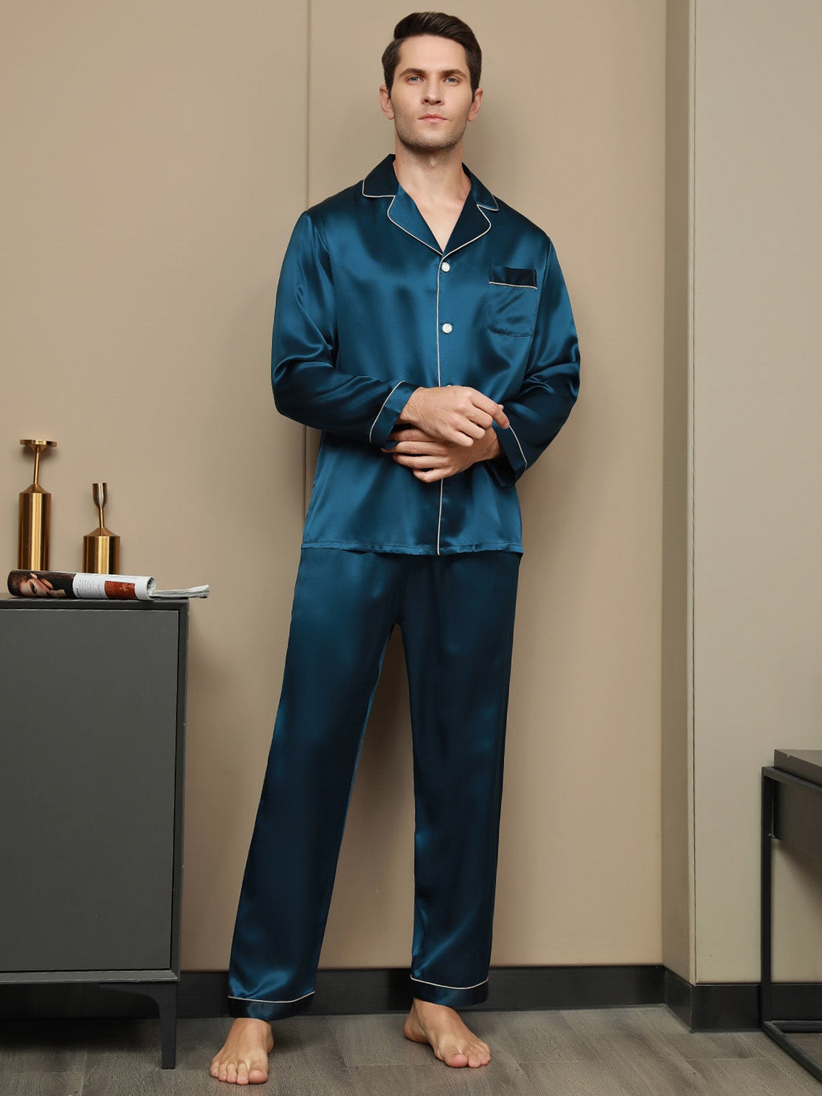 Silk Men's Lapel Long Sleeve Pajamas Set