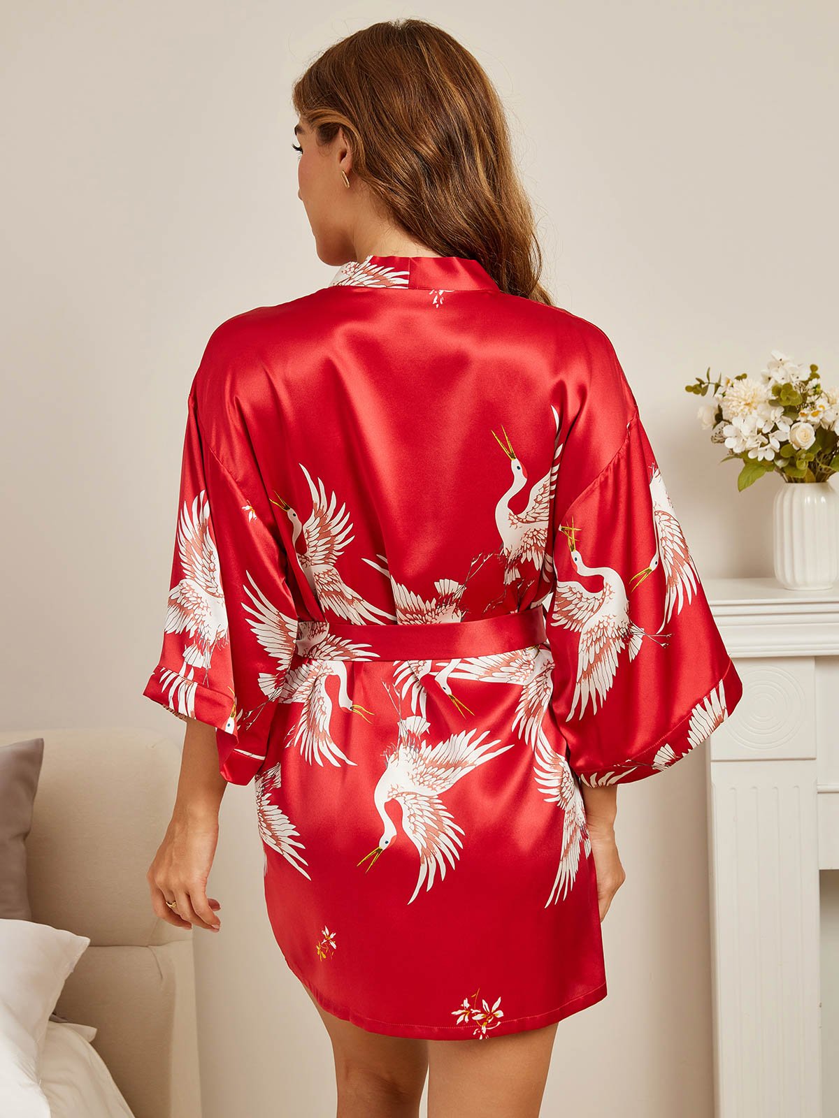 19 Momme Pure Silk Printed 3/4 Sleeve Women's Short Robe