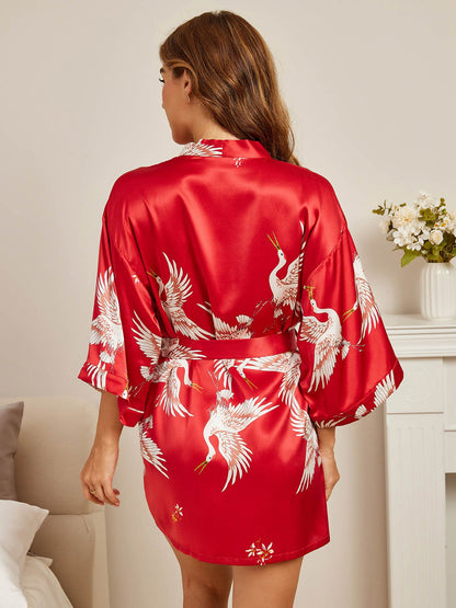 19 Momme Pure Silk Printed 3/4 Sleeve Women's Short Robe